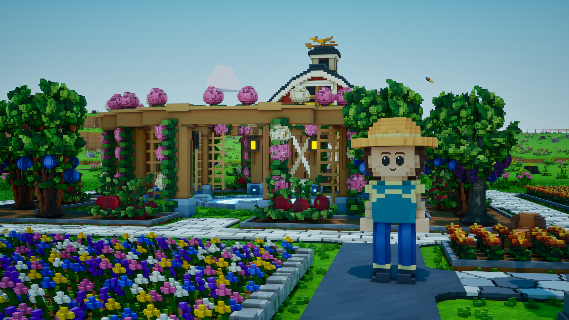 A farmer beside a flower-filled garden and pergola.