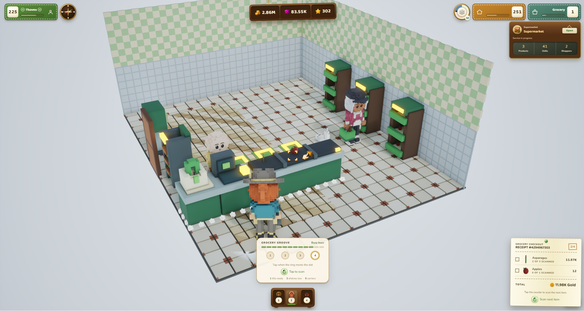 An in-development grocery interior, shown with the game interface.