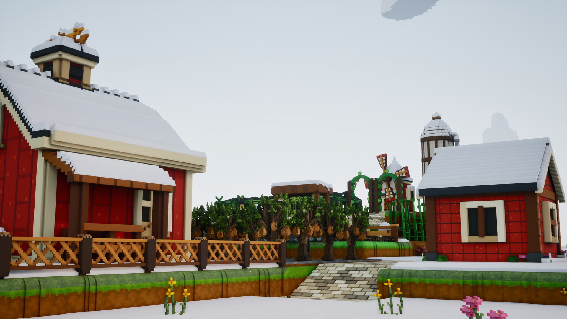Red farm buildings in a snowy scene.