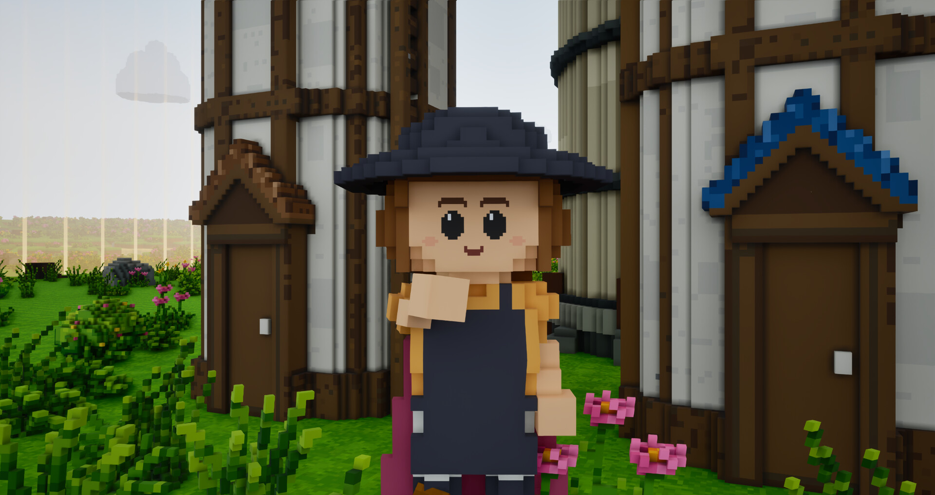 A farmer in a dark hat and outfit outside a timber-framed building.
